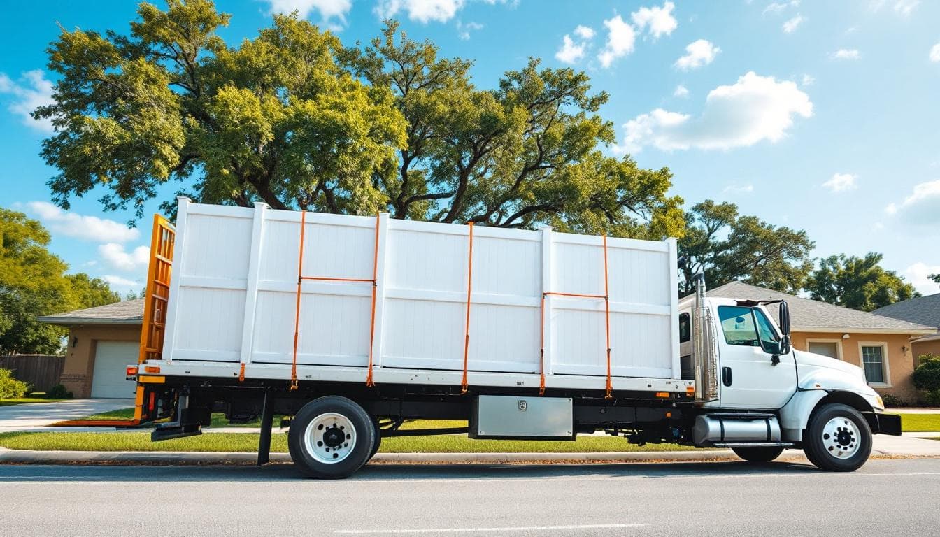 Top Fence Supply flatbed delivery truck loaded with vinyl fence panels
